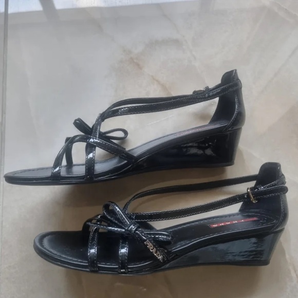 Prada Glossy Black Wedge Sandals - Picture 1 of 5